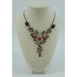 Dark Silver Tone Metal Mesh Red Rhinestone Flower Y Shaped Necklace Unbranded